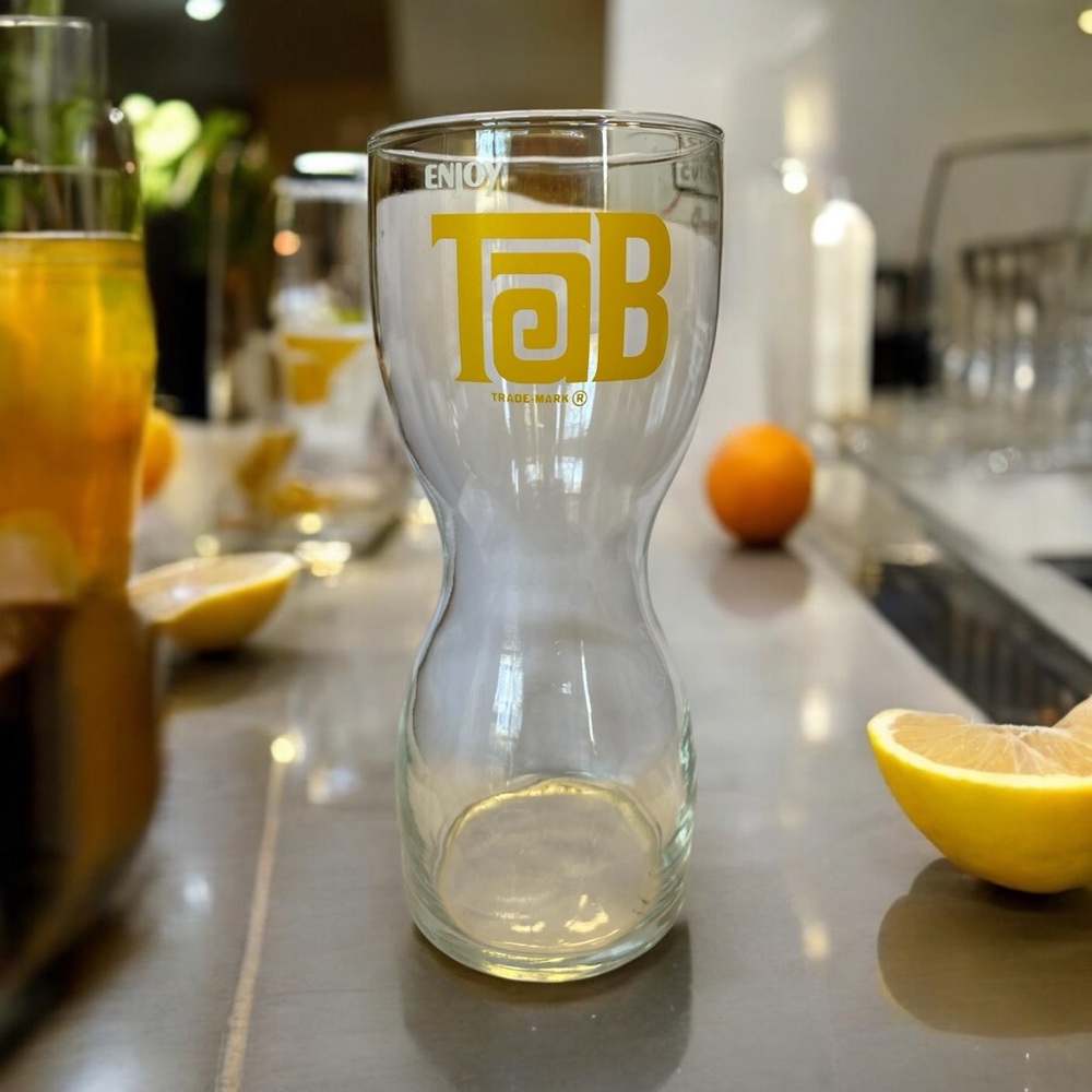 Vintage 70s TAB Soda Hourglass Glass Coca Cola Yellow Logo Retro Collect